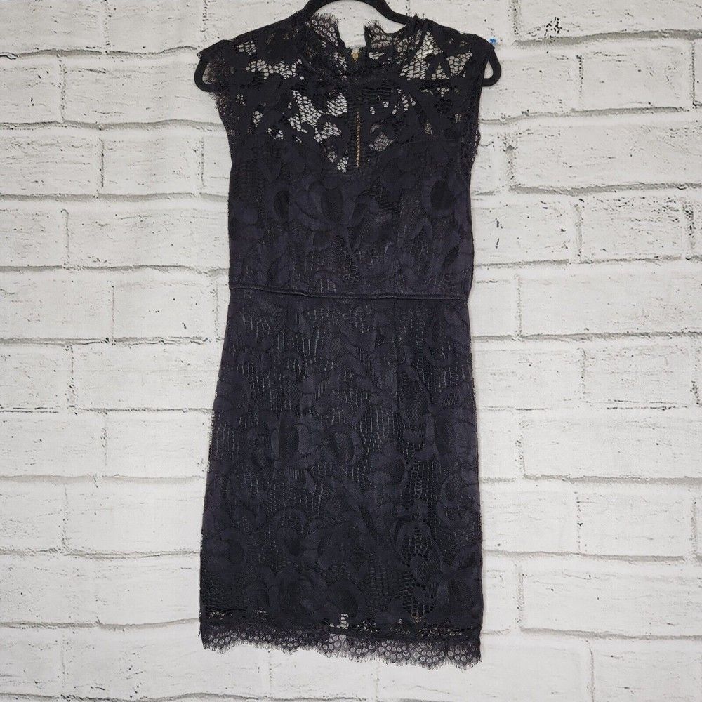 Sans Souci Solid Black Dress Womens Medium Mock Neck Lace Sheath Dress LBD
